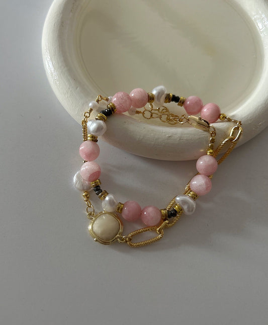Pink beads bracelet with white stone charm ( one piece 2 layer)